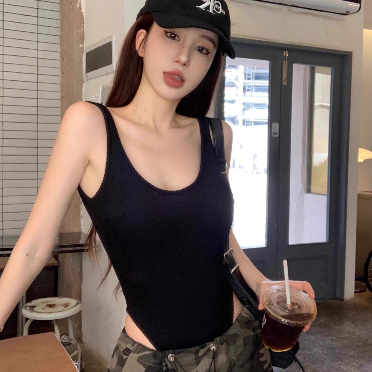 Black Strappy Bodysuit Sexy Ba - Tank Top Ribbed のレビューと価格